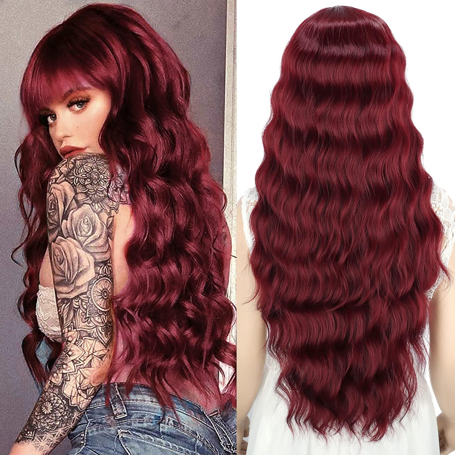 YEESHEDO Long Curly Wine Red Wig with Bangs for Women, Synthetic Brazilian Natur