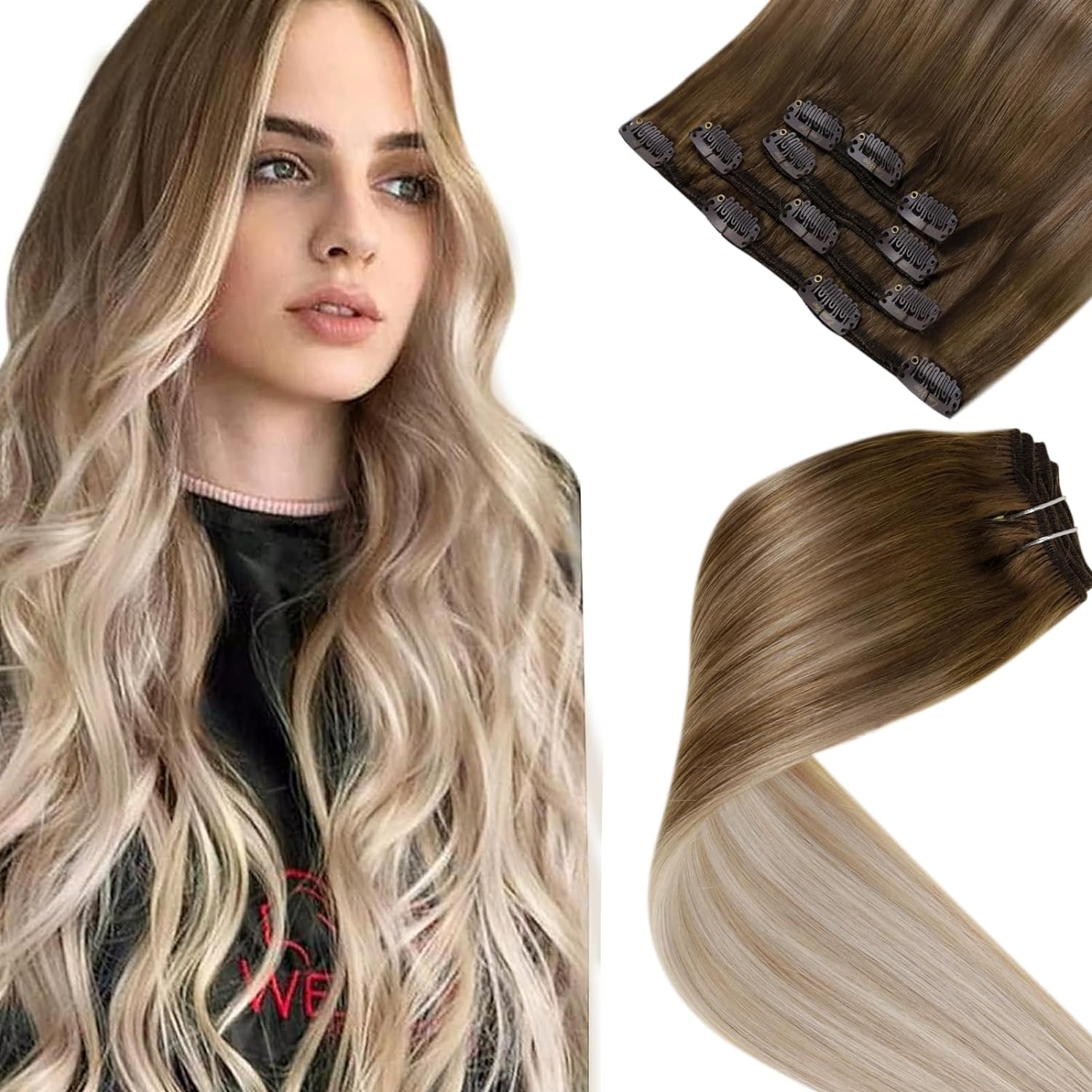 LaaVoo Clip in Hair Extensions Real Human Hair Ombre Light Brown to Ash Blonde M