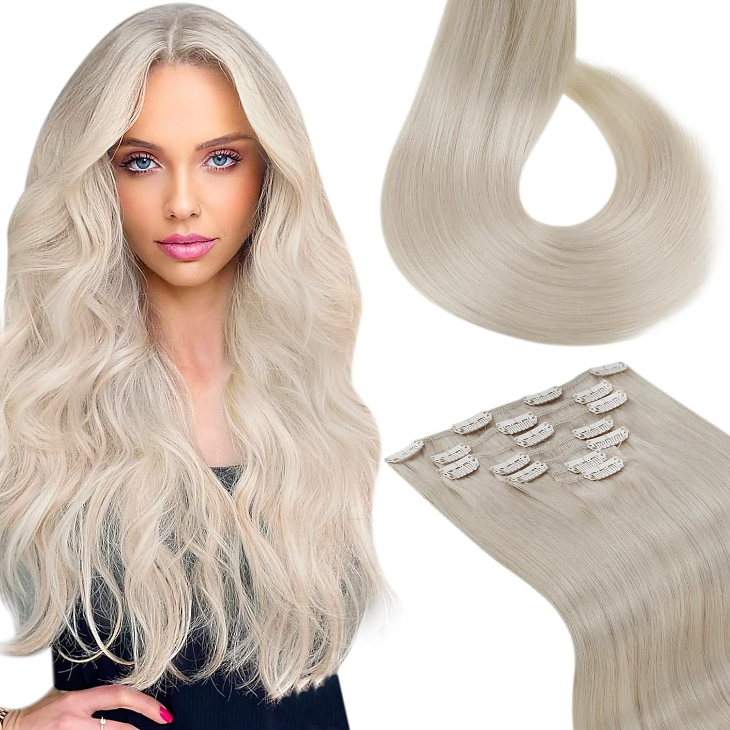 LaaVoo Platinum Blonde Hair Extensions Clip in Human Hair 18 inch White Blonde 7