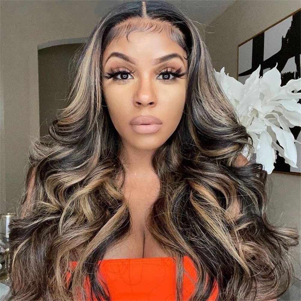 MSGEM 26 inch Highlight 1B/27 Body Wave Lace Front Wigs Human Hair Ombre Highlig