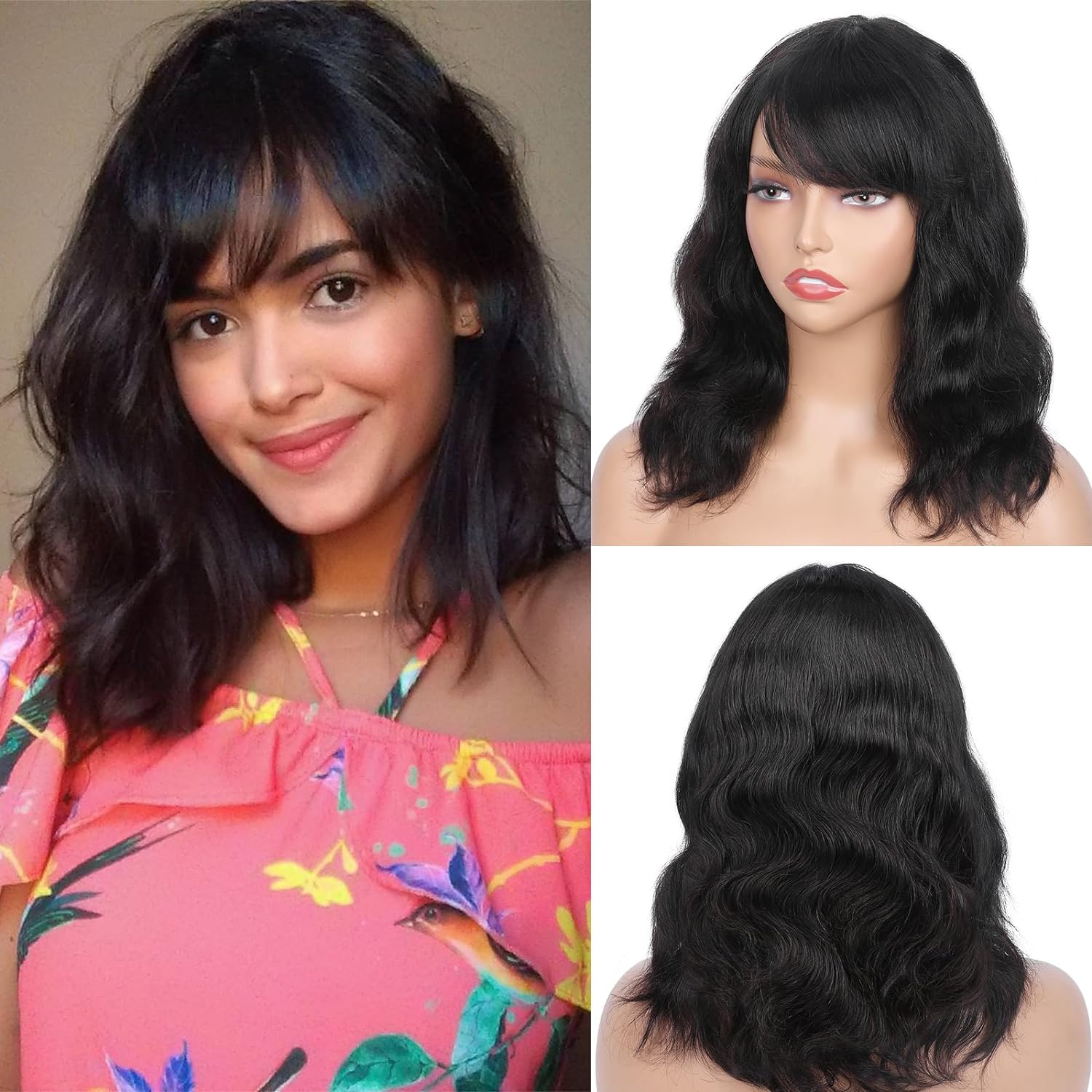 WIGNEE Natural Wavy Human Hair Wigs With Bangs Glueless Wigs Human Hair Lace Fro