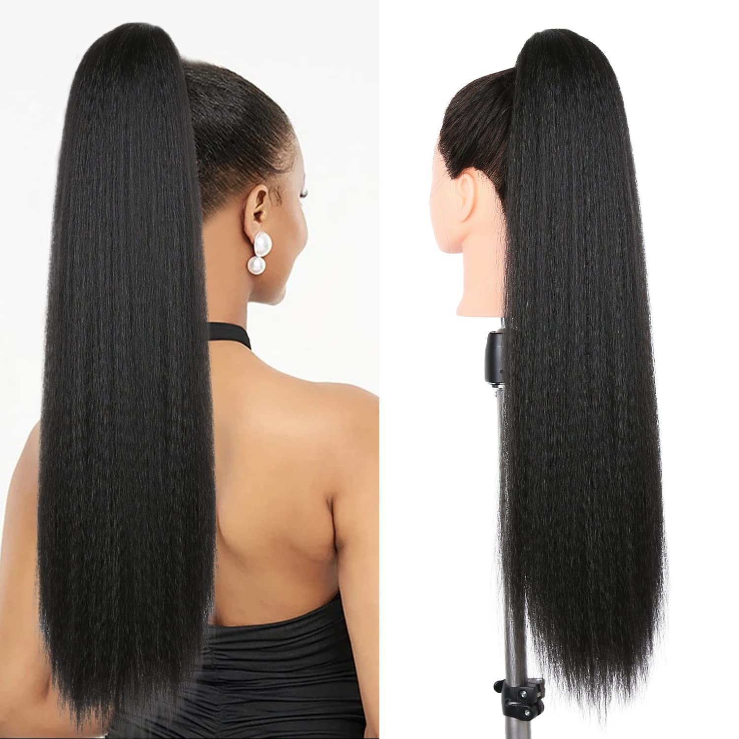 WIGNEE Kinky Straight Ponytail Wrap Around Long Ponytail Extension Natural Black